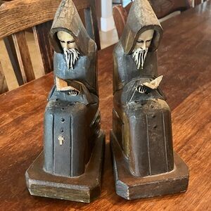 Carved Hooded Monk Bookend Pair — Dark Brown & Cream Accent
